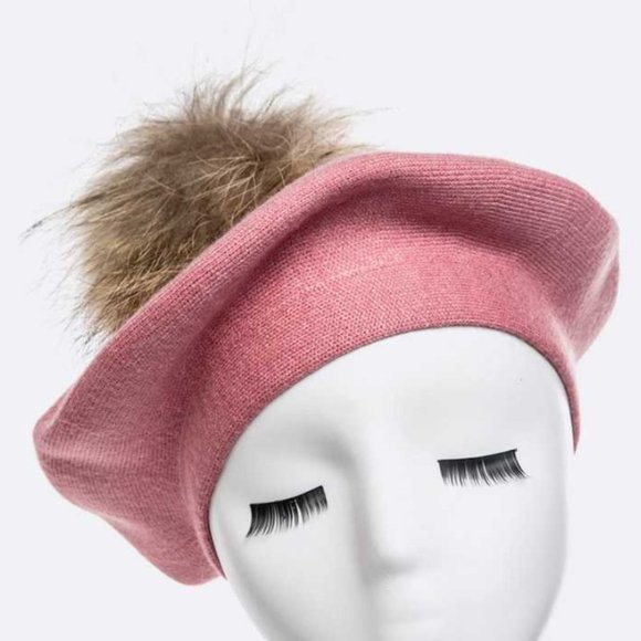 Genuine Fur Pom Cashmere Beret - Pink - Picture 2 of 2